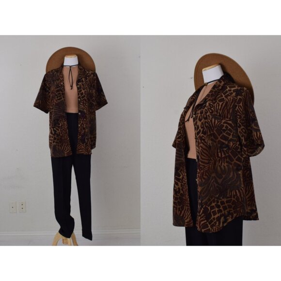 Vintage 90s Brown Jungle‎ Floral Blouse size L - Picture 1 of 10